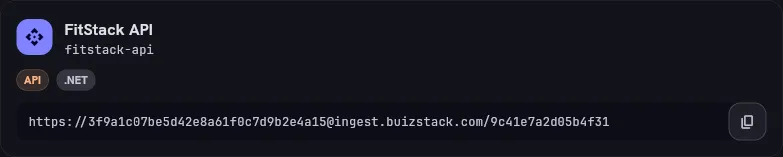The FitStack API app card with its DSN